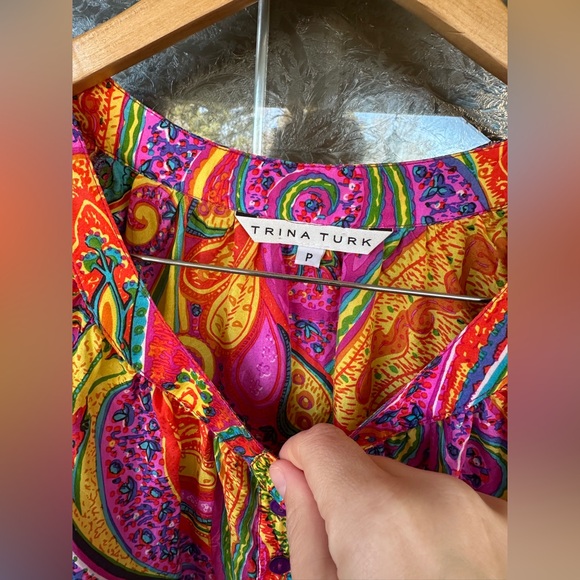 Trina Turk Silk Baggy Bright Colorful Floral 3/4 Length Sleeve Boho Top Loose Sm - Picture 4 of 7